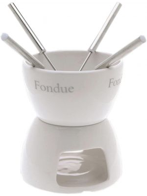 White Ceramic Chocolate & Cheese Fondue Set With 4 Stainless Steel Forks
