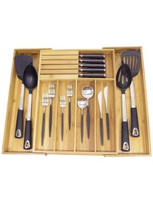 Natural Bamboo Expandable Cutlery Holder Tray Drawer Organiser and Knife Block