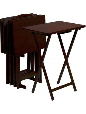 Folding Rubber Wood Portable Snack and TV Table with Storage Rack Set of 5 Espresso