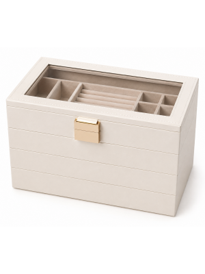 Jewellery Box 4 Tier Large Organiser Clear Glass Lid Stackable Trays White