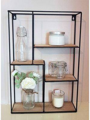 Retro Metal And Wood Industrial Style 5 Section Rectangular Wall Shelf
