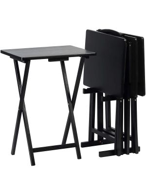 Folding Rubber Wood Portable Snack and TV Table with Storage Rack Set of 5 Black