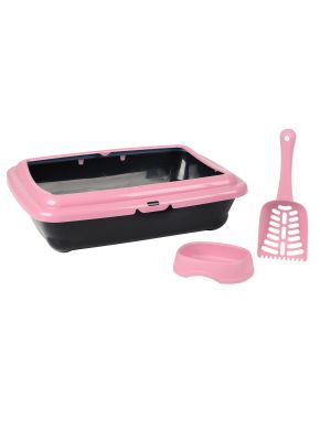 Cat Kitten Litter Tray with Scoop and Feeding Bowl Cats with Rim 2 Tone Pink