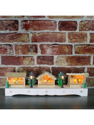 Warm White LED Battery Op Wooden Christmas Market Scene Festive Decoration