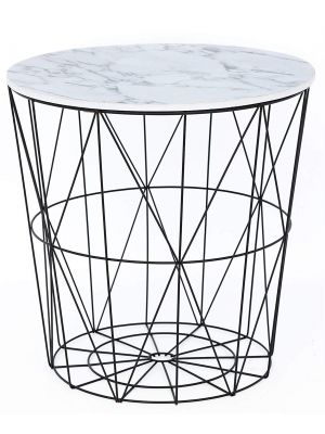 Retro Black Metal Wire White Marble Top Storage Side Table Basket Home Furniture