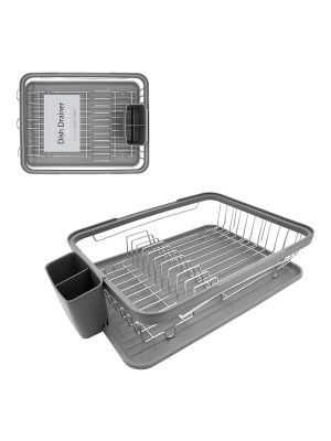 Kitchen Dish Drainer Sink Rack Drip Tray Plates Cutlery Cup Holder Grey