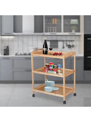 3 Tier Bamboo Kitchen Storage Organizer Serving Trolley Island Cart with Wheels