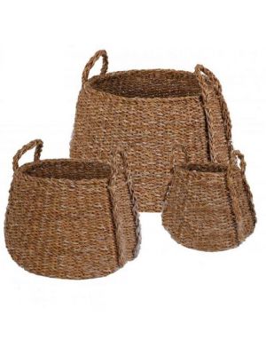Set of 3 Hand Made Natural Sea Grass Woven Round Top Handles Storage Baskets 