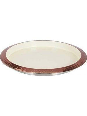 Large Round Copper & Cream Finish Metal Serving Tray Hammered Copper Rim