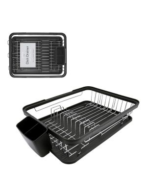 Black Kitchen Dish Drainer Rack with Drip Tray and Cutlery Holder