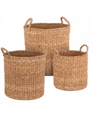 Set of 3 Hand Made Natural Sea Grass Woven Cylindrical Storage Baskets 