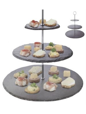 Mazali Foodstand Slate Material 3 Layers Dia 30Cm 22Cm 12.5Cm Height 34 cm with Chrome Handle and Rubber Feet Each Set in Our Design Full Color Box, Stone, Multi-Colour, 34 x 34 x 16.5 cm