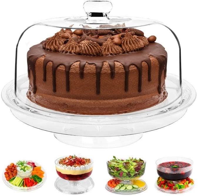 Multi-Function Crystal Clear Plastic Cake Stand with Dome Lid 6 in 1