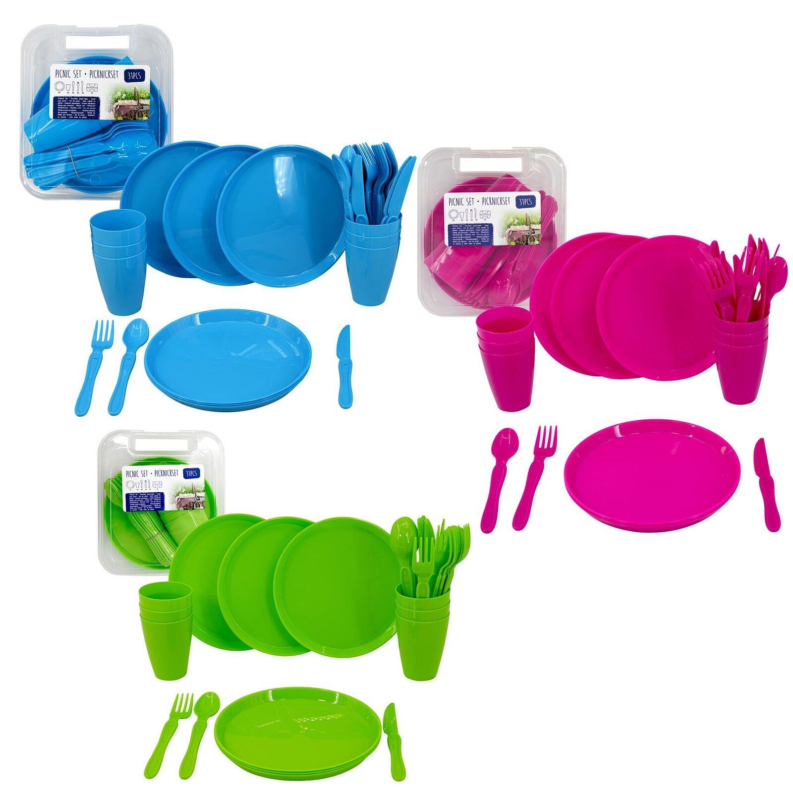 31 Piece Plastic Picnic Camping Party Dinner Plate Mug Cutlery Set Storage Box