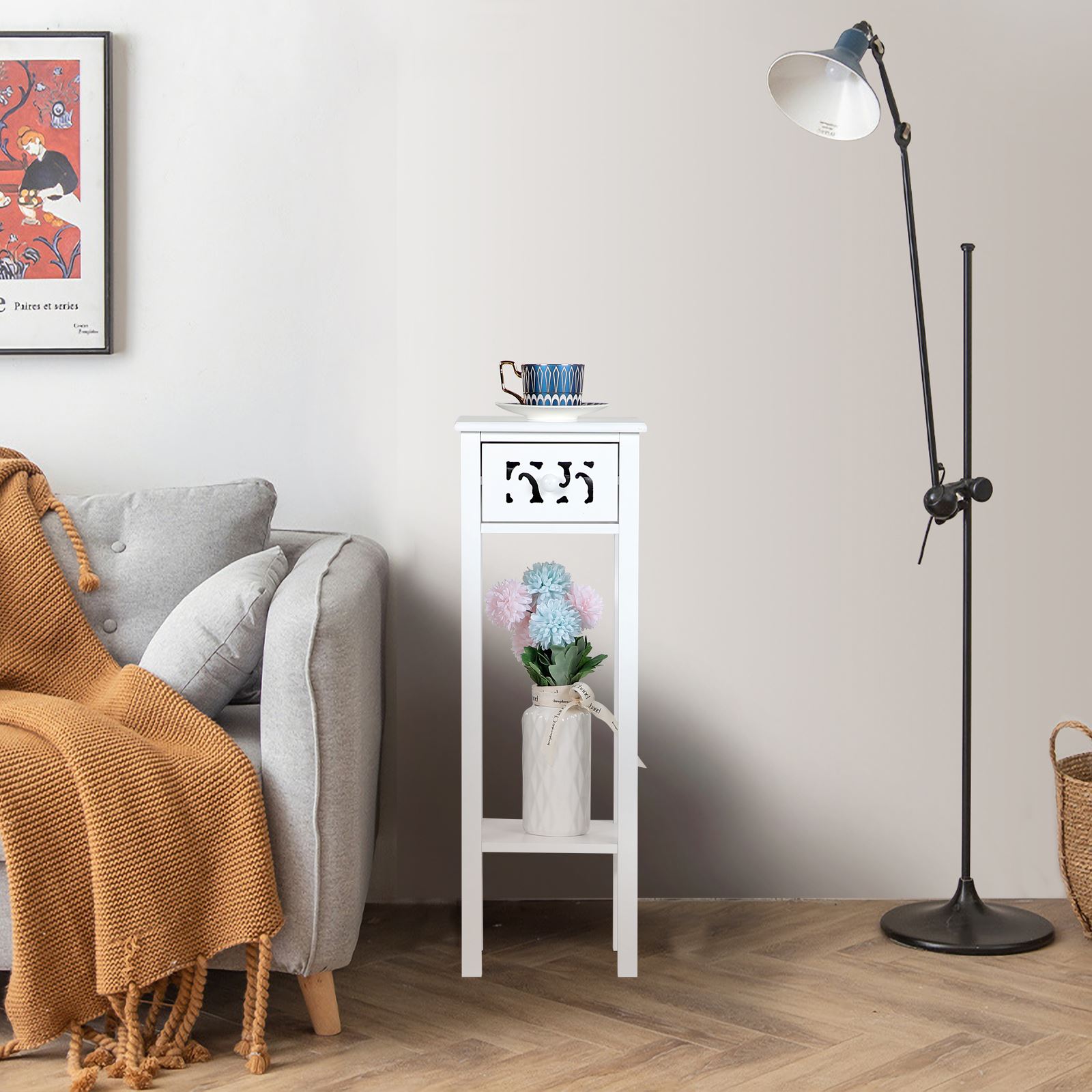 French Inspired Wooden Hallway Living Room Side Table with Drawer Shelf White