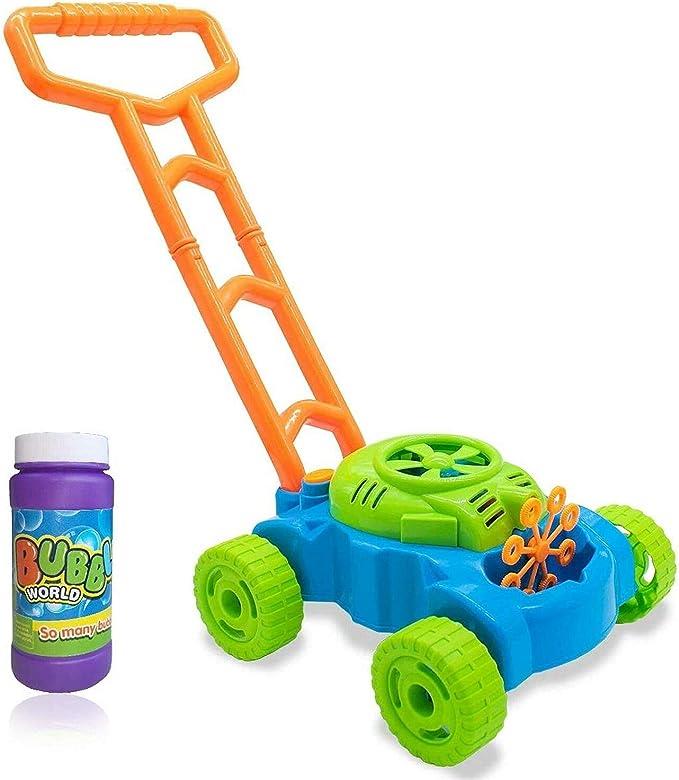 Auto Bubble Blowing Spill Proof Battery Operated Lawn Mower Push Along Toy for Kids and Toddlers Summer Garden Toy with Soapy Solution Included