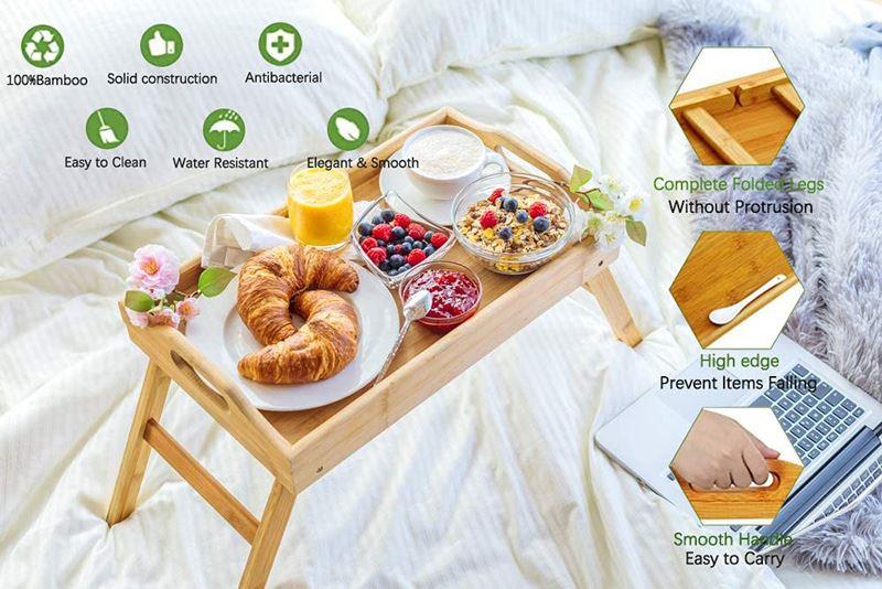 Bamboo Bed Breakfast Serving Lap Tray with Folding Legs and Tablet Slot