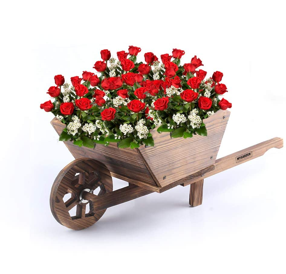 Garden Modern Wooden Wheel Barrow Planter Burnt Wood Flower Cart Ornamental Pot