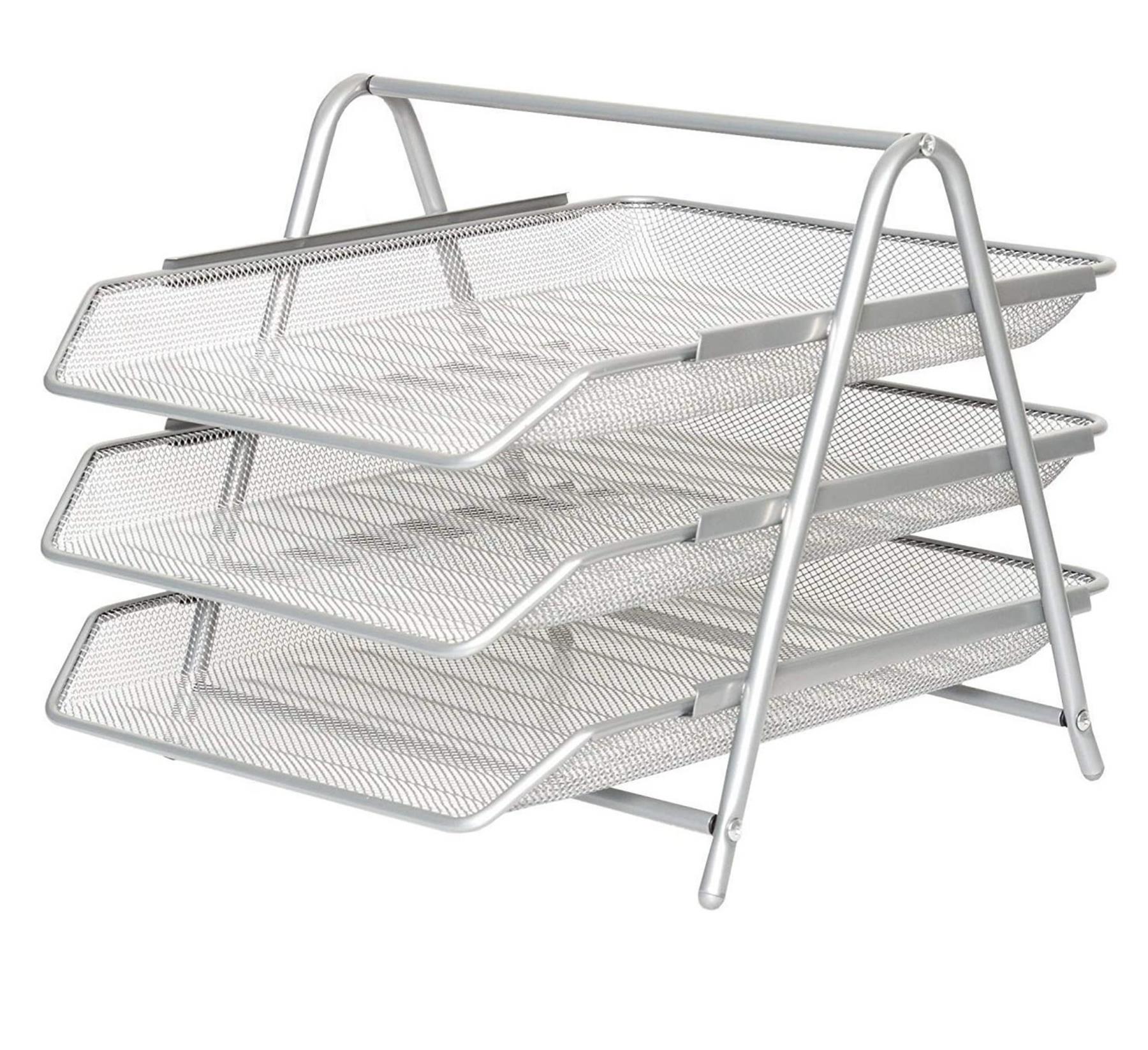 3 TIER OFFICE FILING TRAYS HOLDER A4 DOCUMENT PAPER WIRE MESH STORAGE RACK SILVER