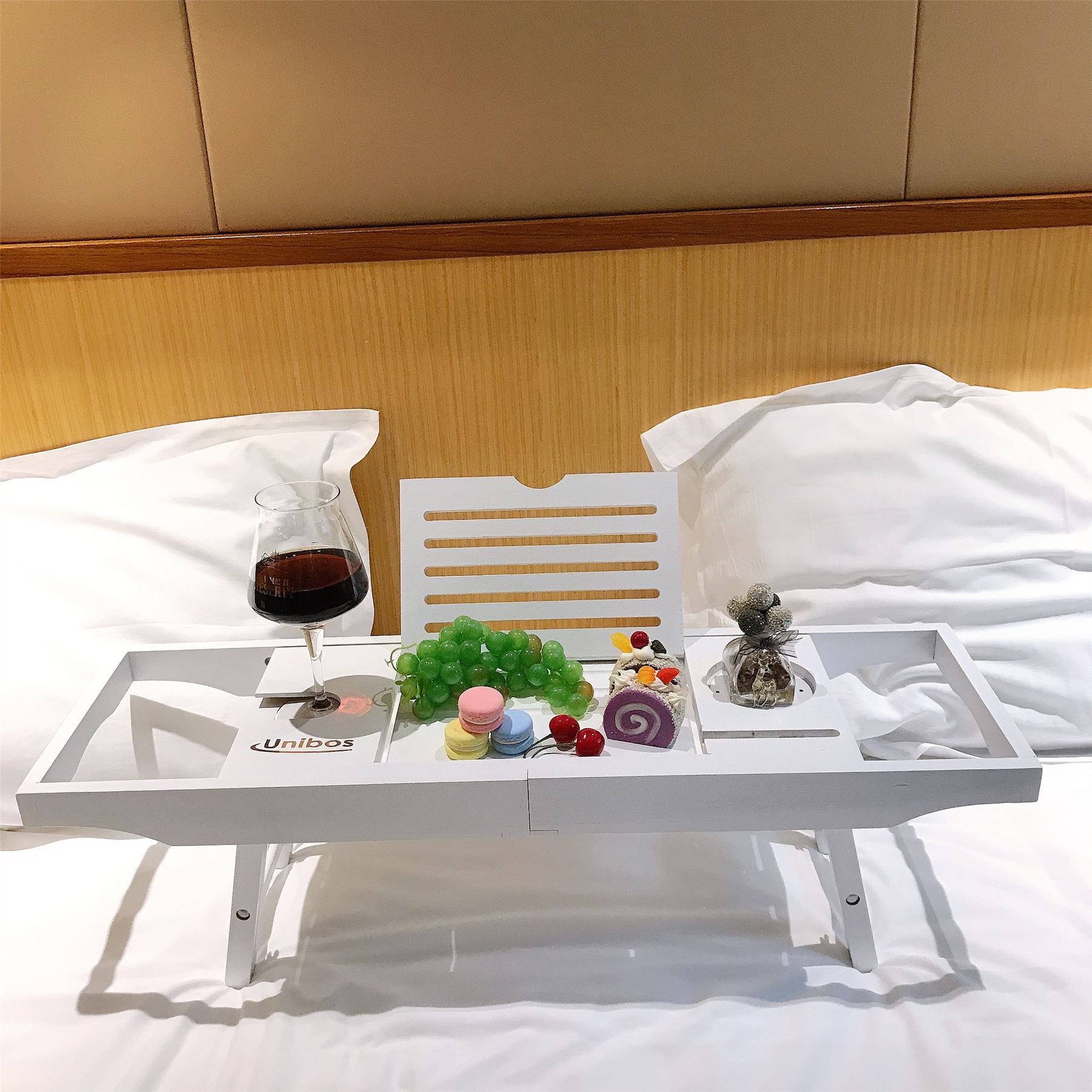 Wooden Bamboo Bath Caddy Tray Shelf Wine Tablet Holder White with Foldable Legs