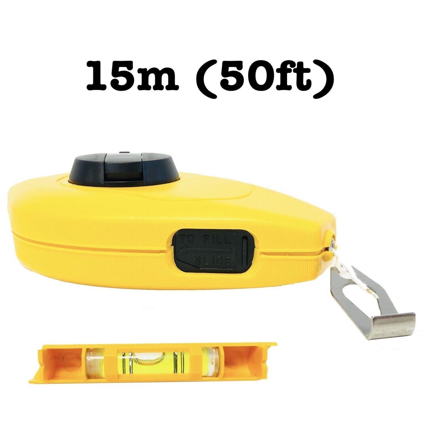 Chalk Line 15m String Kit Reel Builders Spirit Level Blue Chalkline Set 50ft