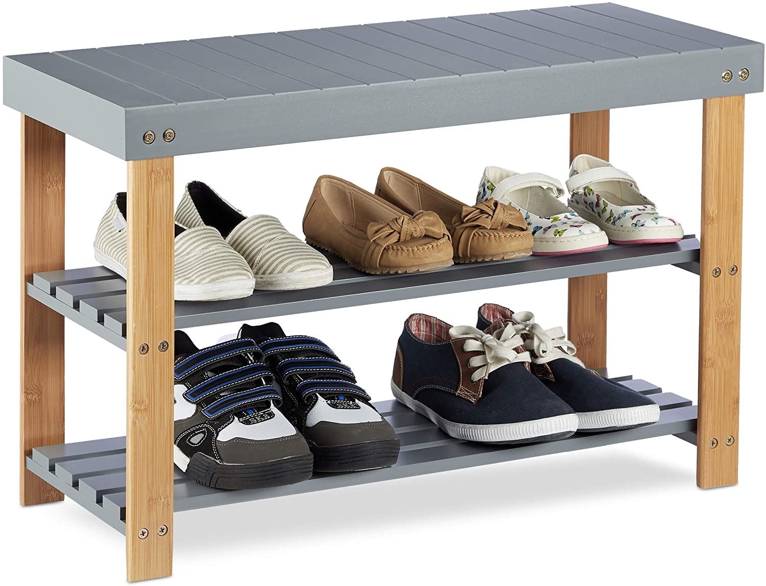3 Tier Eco-Friendly Bamboo Wood Shoe Organiser Storage and Bench Combination Grey