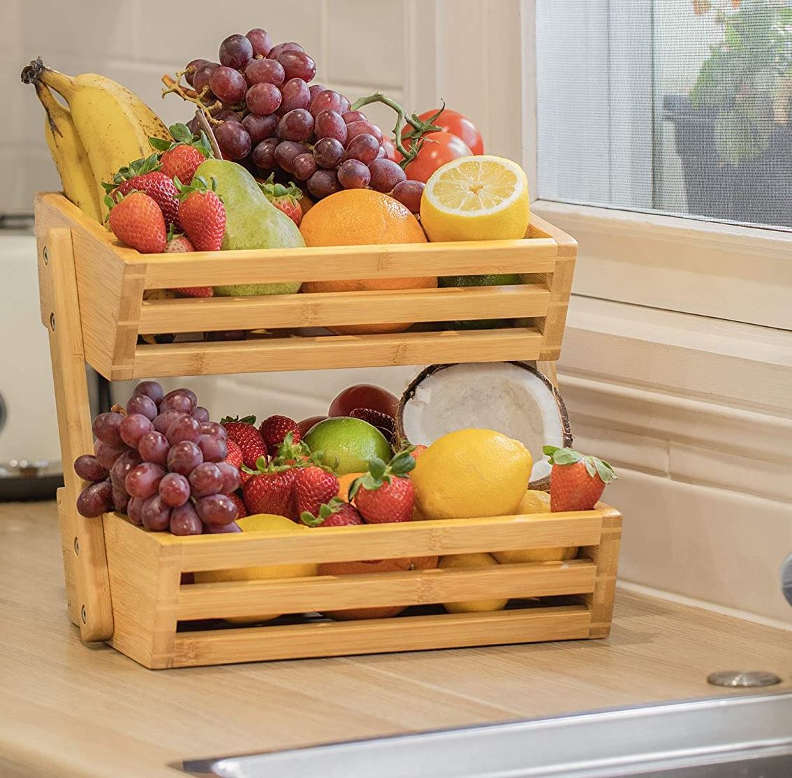 2 Tier Bamboo Fruit Basket Bowl Holder, Vegetable Egg Bread Storage Bowl Basket Holder for Kitchen Countertop, Home Decorative Storage