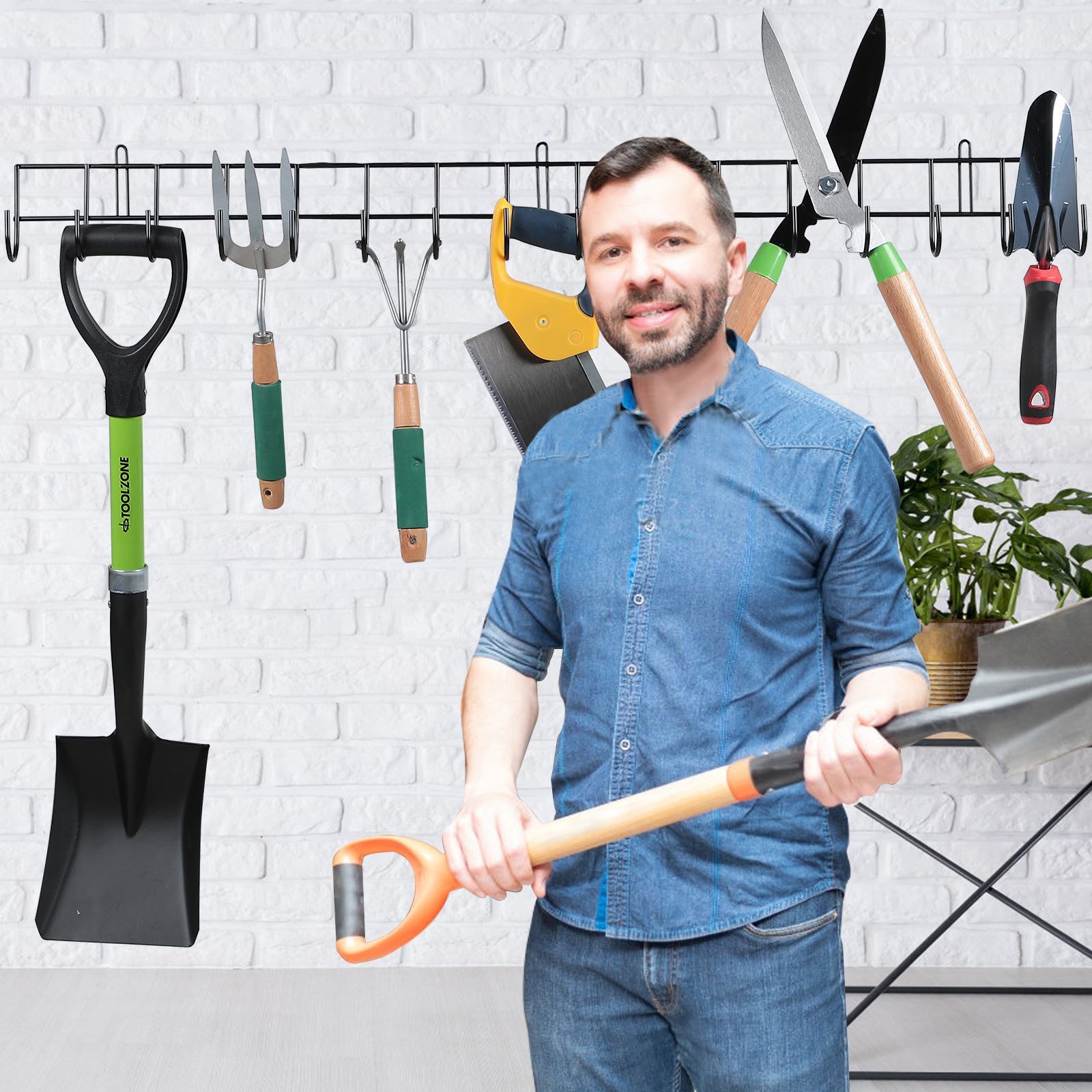 16 Hook Wall Mounted Garden Tool Storage Rack Hanger Shed & Garage