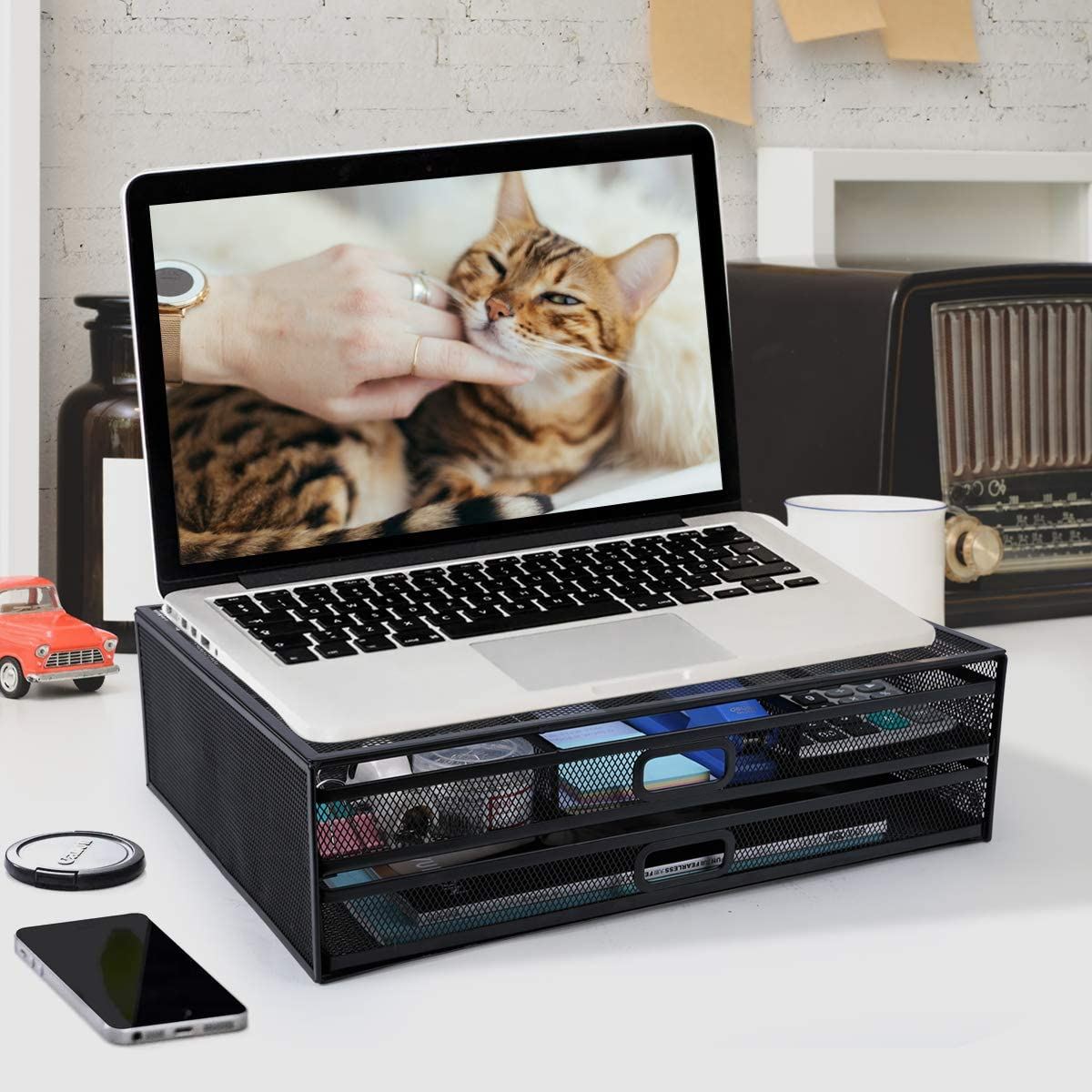 Monitor Stand with 2 Storage Drawers - Metal Mesh Desk Organisers, Support Laptop, Notebook, PC, Monitor, Printer, Scanner up to 15 KG