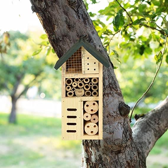 Wooden Insect Bee House Natural Wood Bug Hotel Shelter Garden Nest Box 26cm