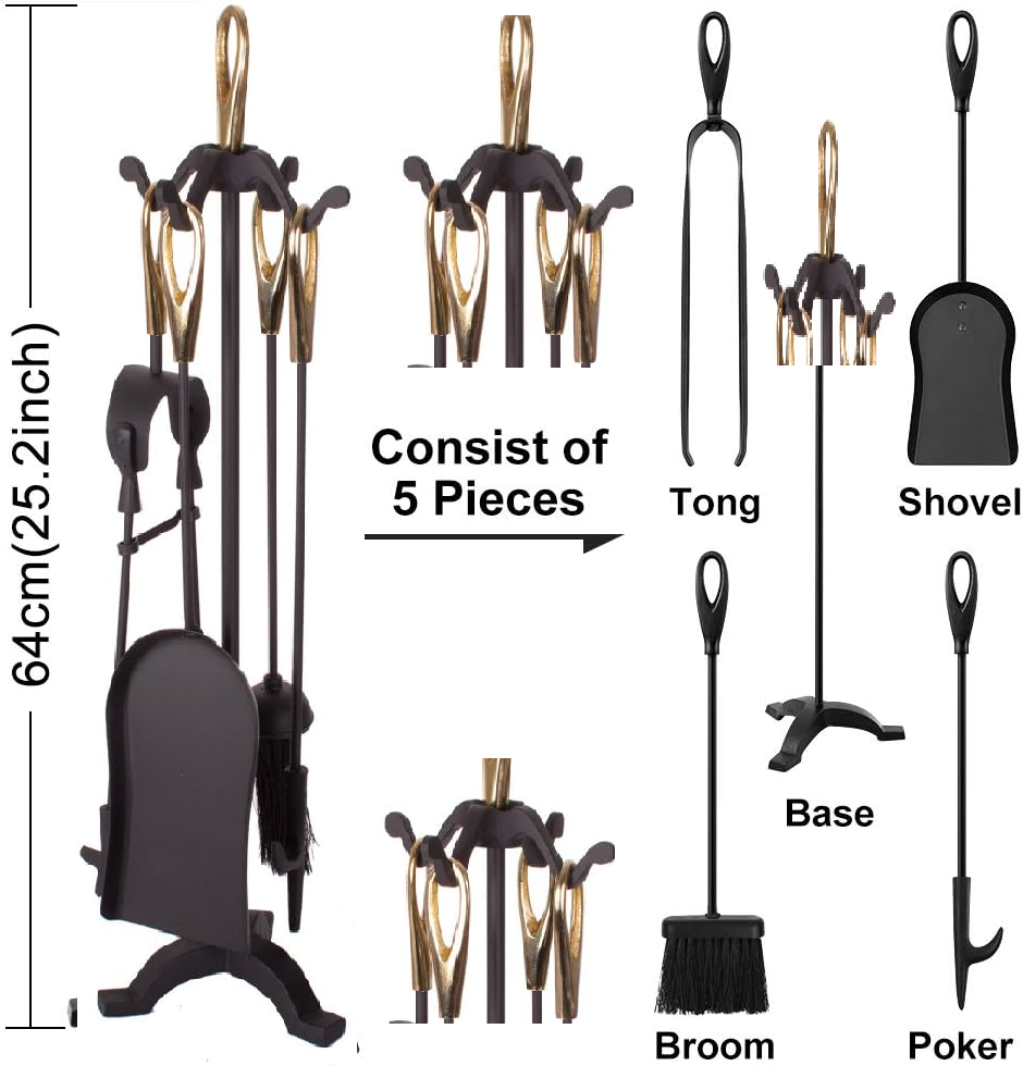 Premium Quality Cast Iron Loop Tops Design Fireside Companion Set 25" 5pc Fireplace Classic Tool Set Shovel, Brush, Poker, Tong & Stand - Easy Assembl