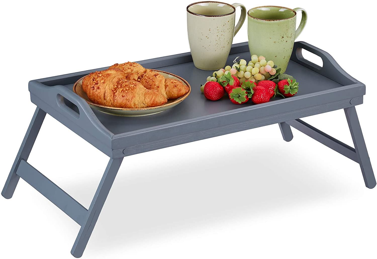 Natural Bamboo Foldable Legs Breakfast in Bed Serving Lap Raised Edge Tray Grey