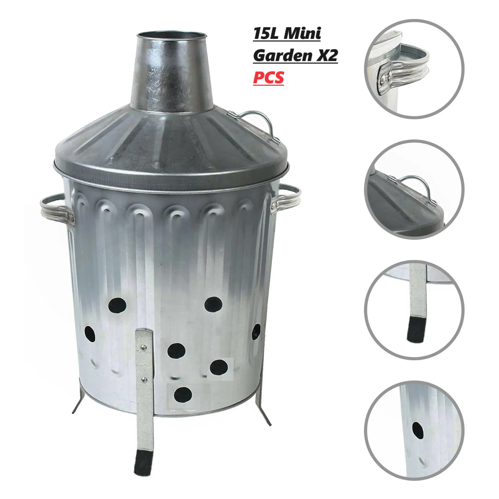 15L Mini Garden Galvanised Incinerator Small Fire Bin Garden Leaf Paper Burning X2