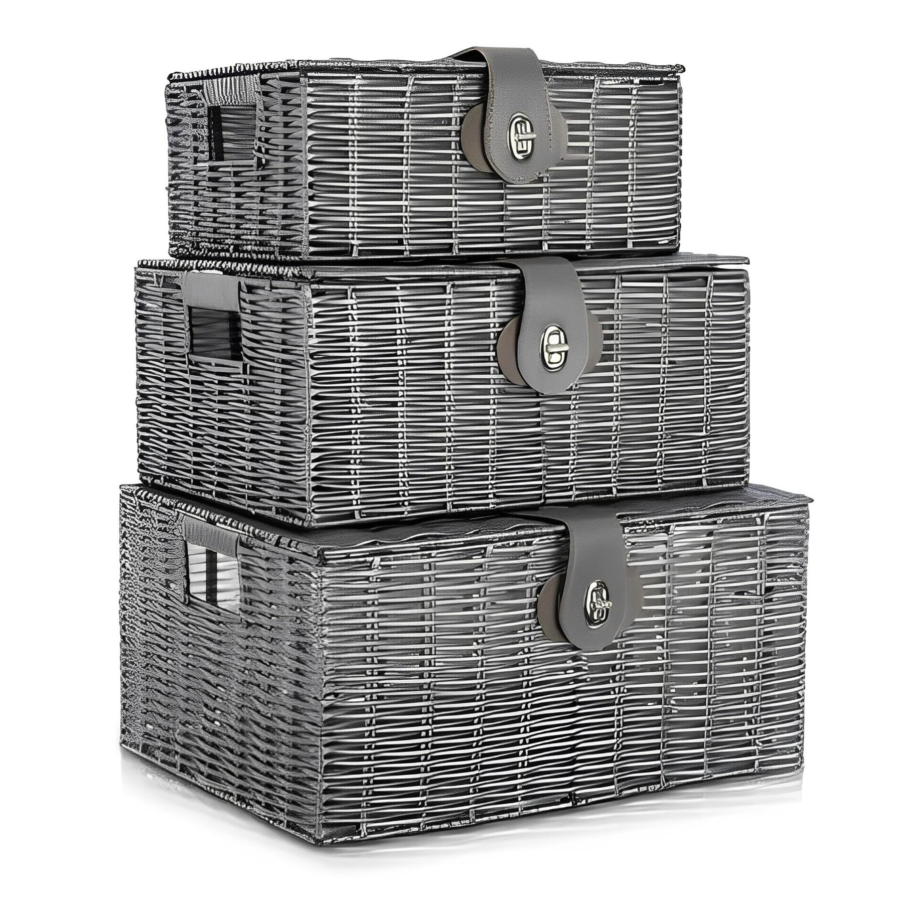 SET OF 3 RESIN WOVEN WICKER HAMPER BASKET STORAGE BOX WITH LID & LOCK