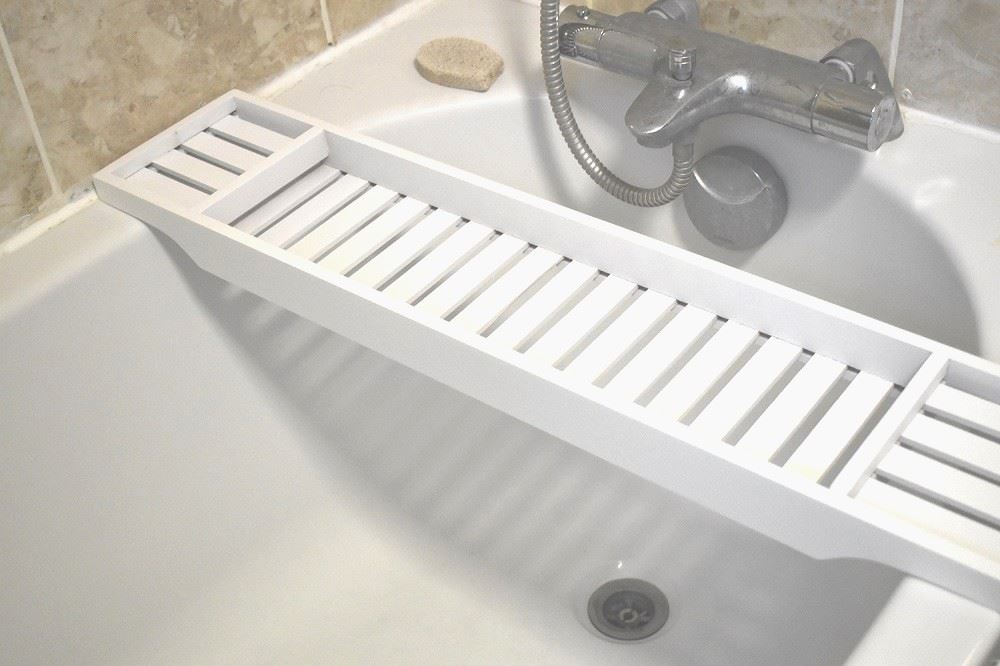 White Bamboo Wood Bath Tub Rack Bathroom Shelf Tidy Tray Storage Caddy Organiser