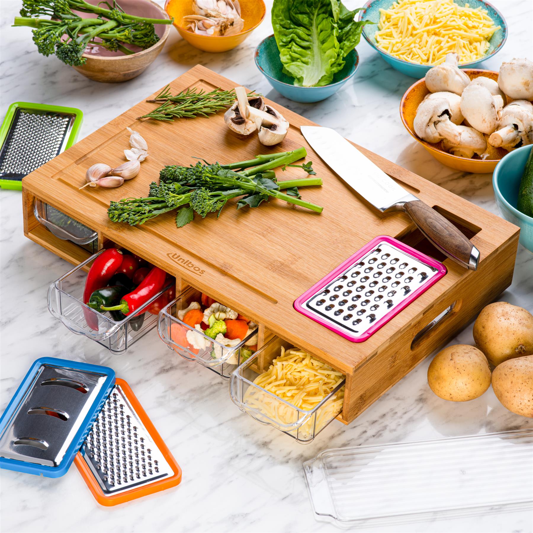 Unibos Bamboo Chopping Board with 4 BPA Free Plastic Drawer/Trays with lids Kitchen Set-100% Natural Robust Bamboo Wood-Wooden Chopping Boards Cutting