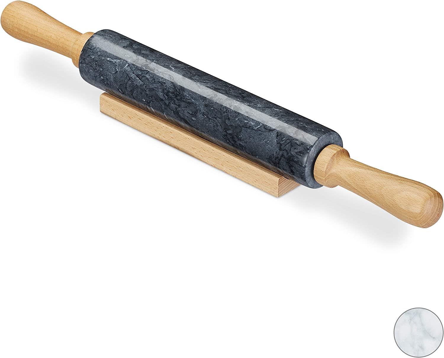 Black Marble Rolling Pin For Baking With Wooden Stand Natural Stone Cook