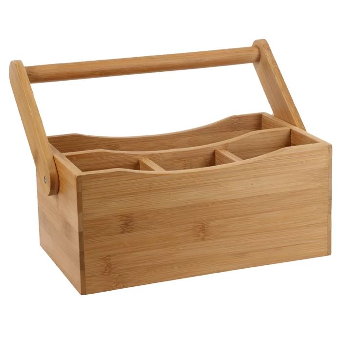 Bamboo Utensil Cutlery Holder Kitchen Storage 4 Compartments for Cutlery & Condiments Easy Carry Drop-Down Handle