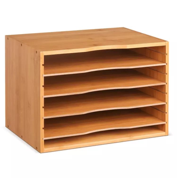 5 x Letter Filing Trays In/Out + Risers - COMPLETE SET - Natural Wooden Tray
