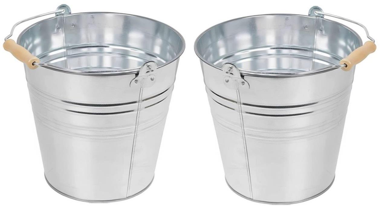2X MultiPurpose Galvanised Steel Metal Bucket Wooden Handle Garden