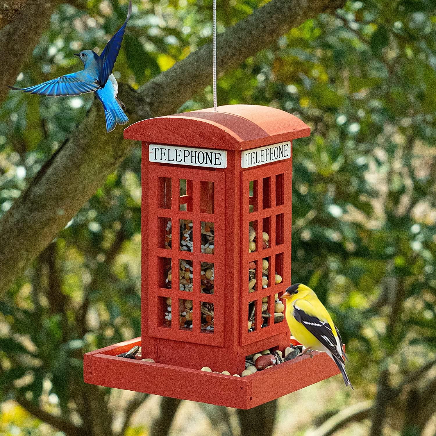 Wooden Hanging Red Phone Box Bird Feeder Outdoor Garden Decor Feeding Station