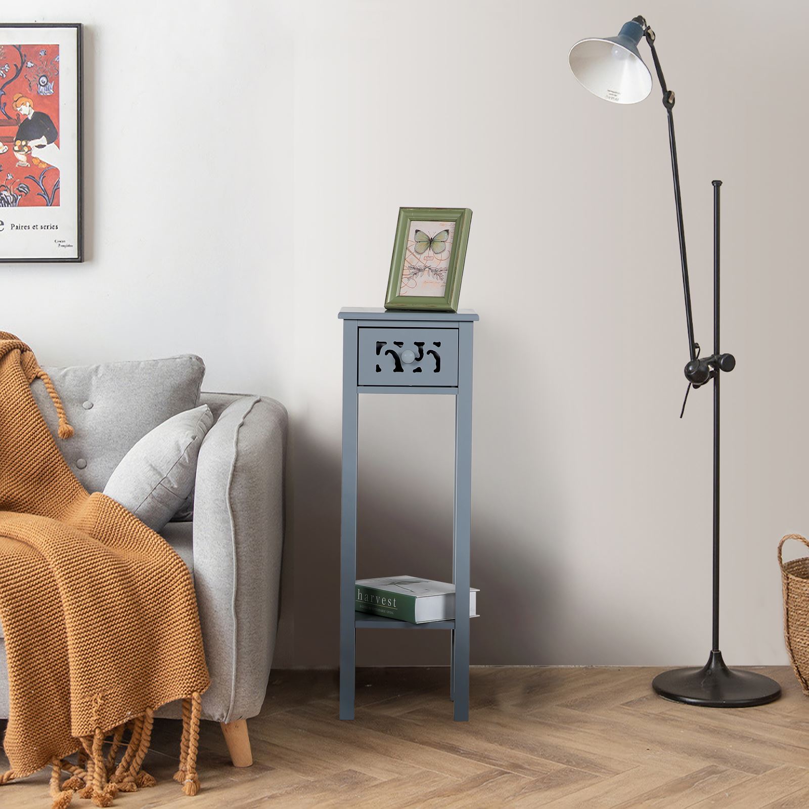 French Inspired Wooden Hallway Living Room Side Table with Drawer Shelf Grey