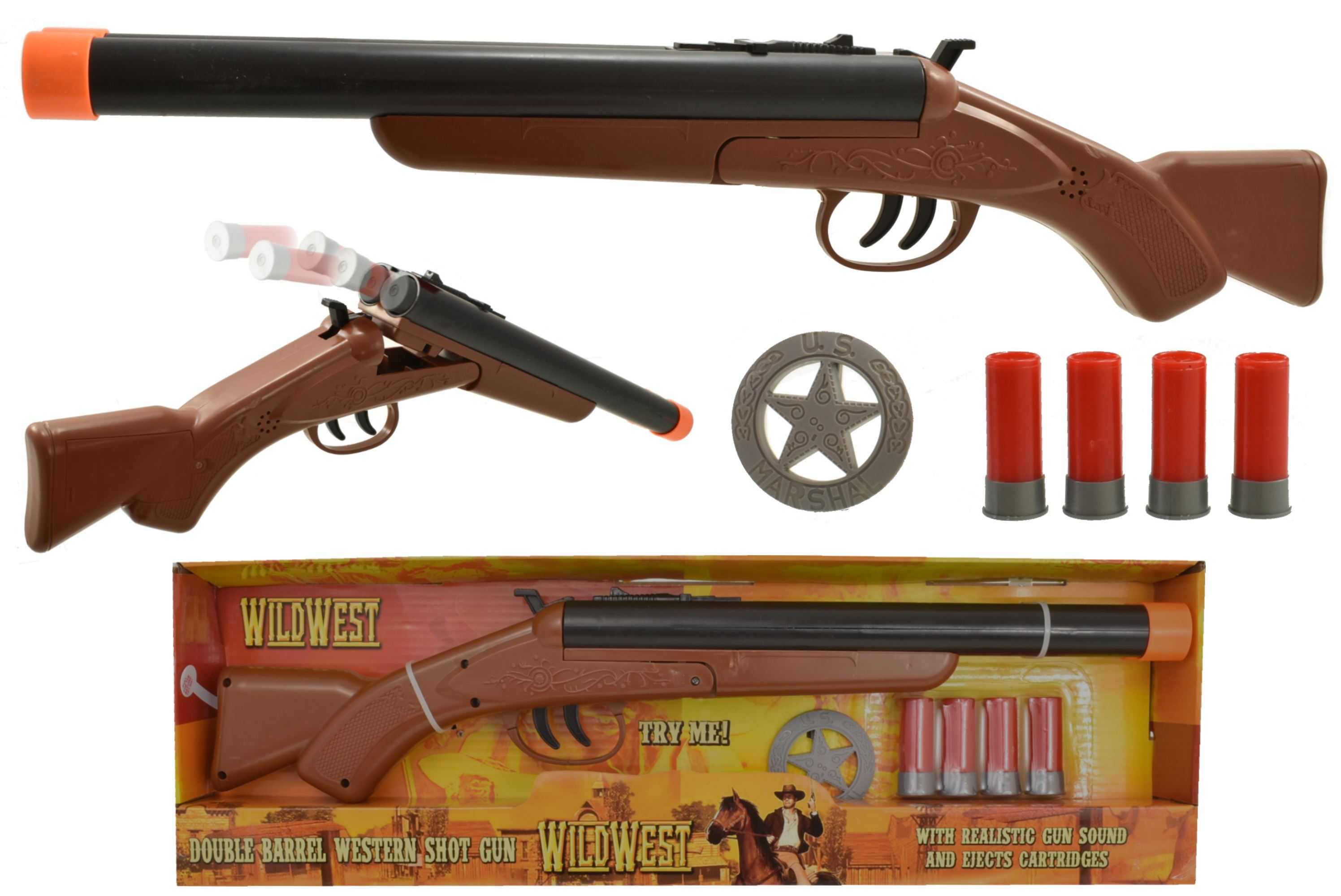 Unibos Kids Double Barrel Western Shotgun Plastic Toy with Sherriff’s Badge and 4 Cartridges and Sound Effects