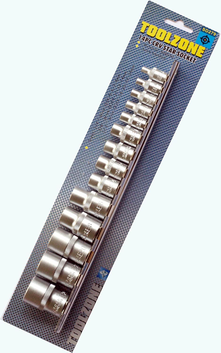 Chrome Vanadium Alloy Steel Sockets on Rail 14 Piece Female Star Torx Socket Set