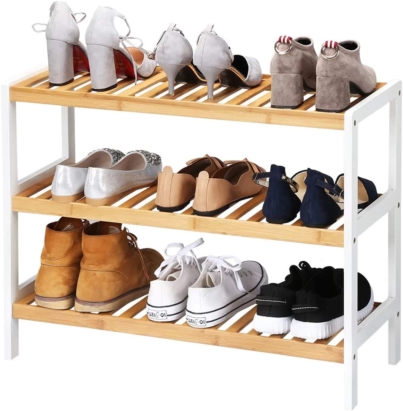 Unibos 3 Tier Shoe Rack - Shoe Storage Organiser, Quick Assembly, Shoe Storage Shelves, 12 Pair of Shoes, 70 x 26 x 55cms, for Closet, Entryway- Natur