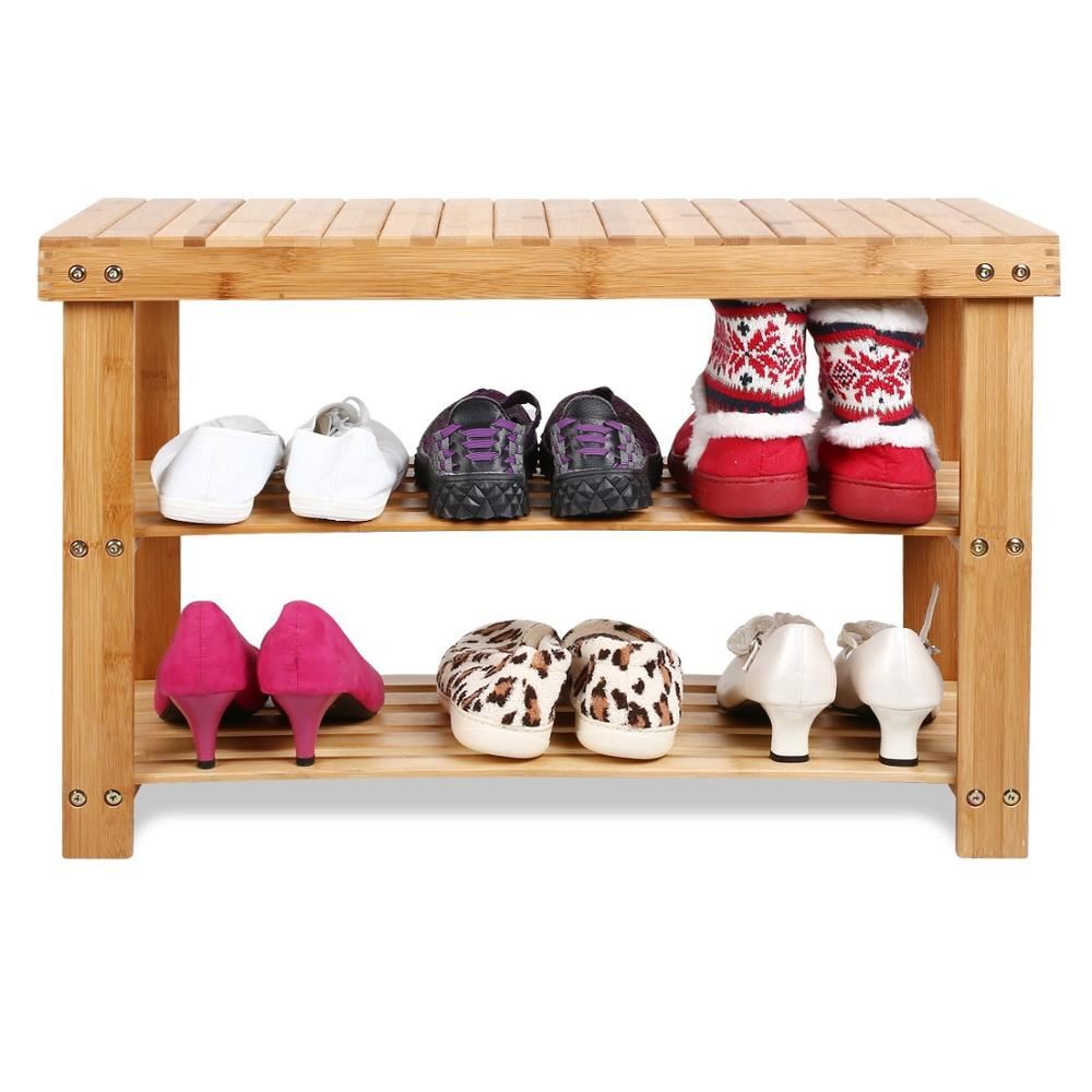 3 Tier Eco-Friendly Bamboo Wood Shoe Organiser Storage and Bench Combination Natural