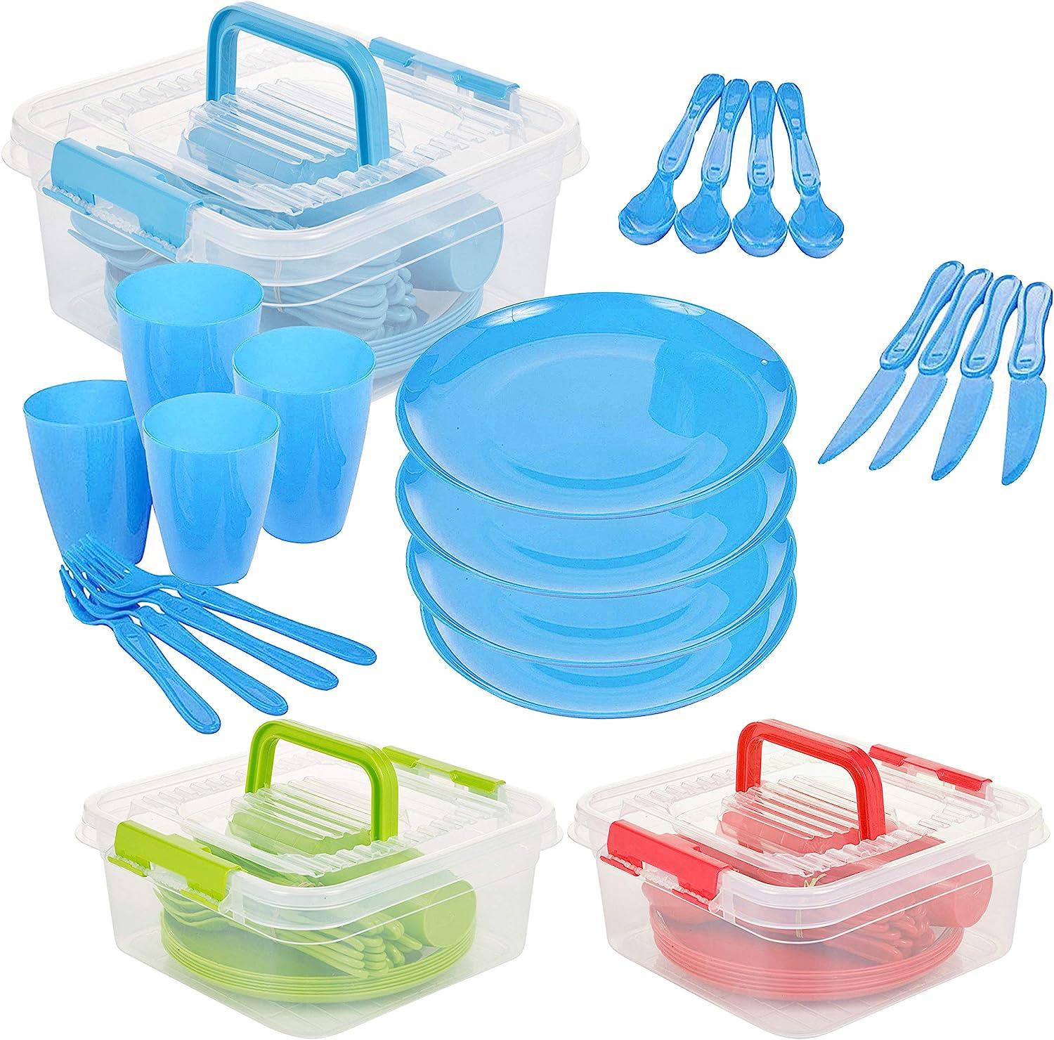 Large Plastic Picnic Camping Party Dinner Plate Mug Cutlery Set Storage Box