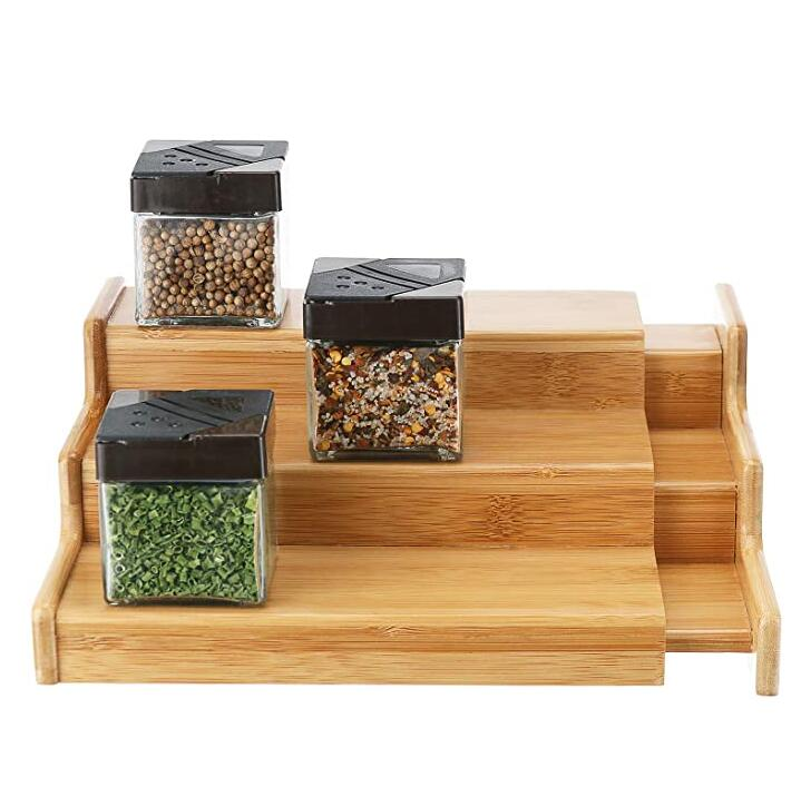 Expendable Bamboo 3 Tier Stackable Countertop Step Shelf Spice Rack Organiser