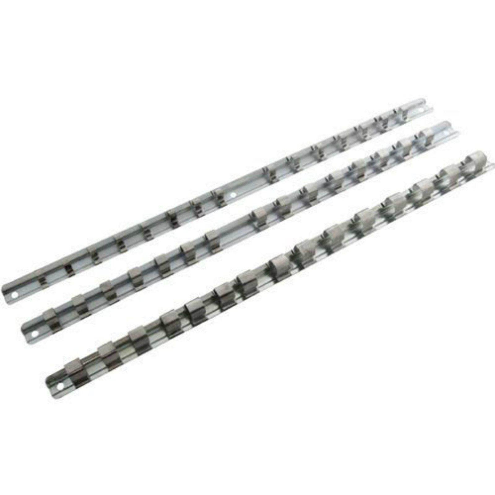 3PC SOCKET RAIL SET 1/2" 3/8" 1/4" STORAGE HOLDER GRIP ORGANISER 14 PER RAIL NEW