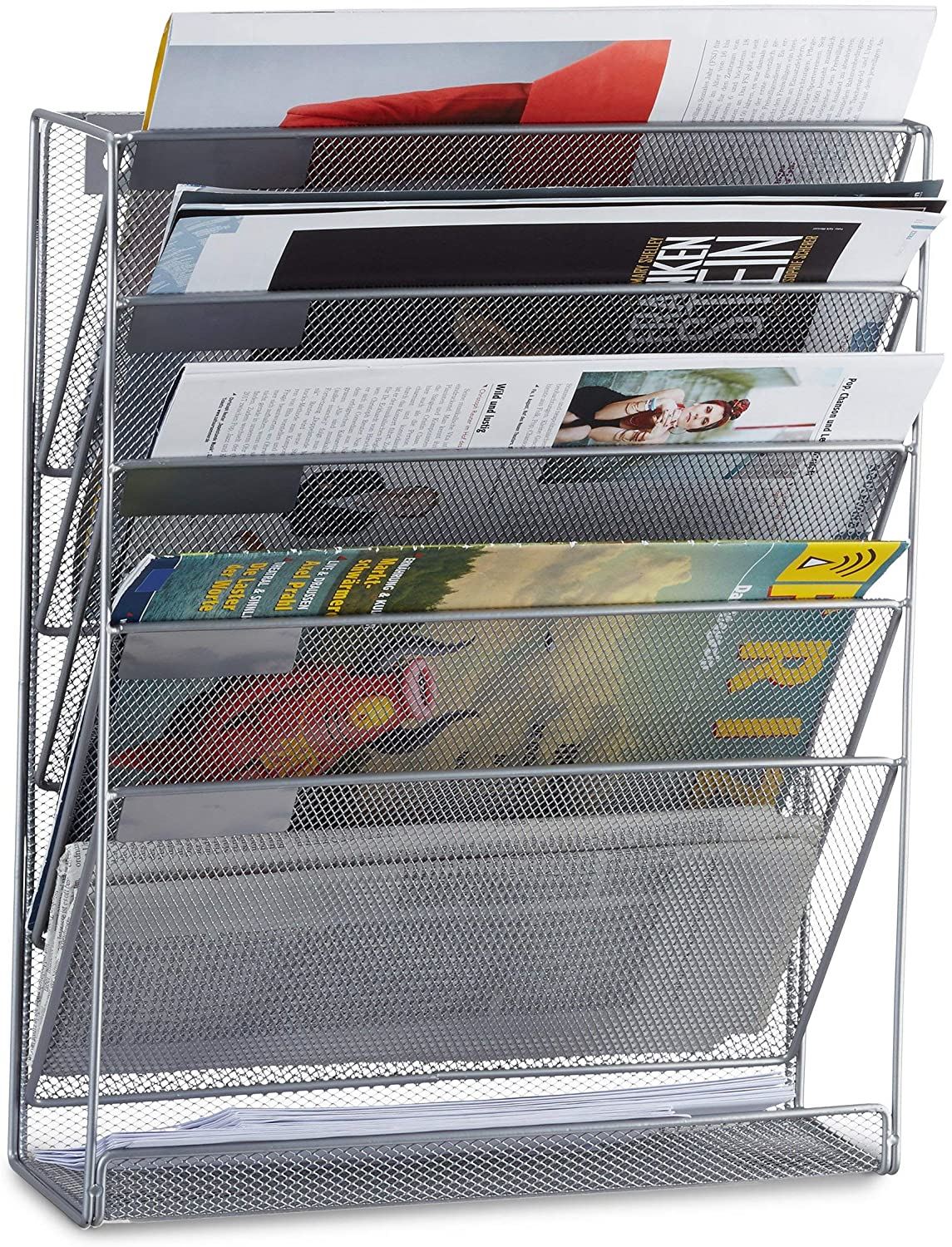 Magazine File Holder Wall Mounted Hanging Storage Organiser 6 Tier Metal Silver